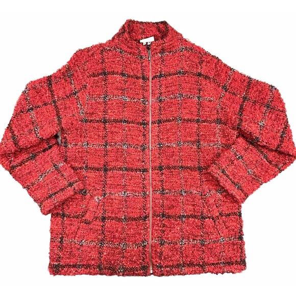 Chico's Jacket Women's 2 / 12 / Large Red Black Plaid Wool Blend Sherpa Full Zip - Picture 1 of 10